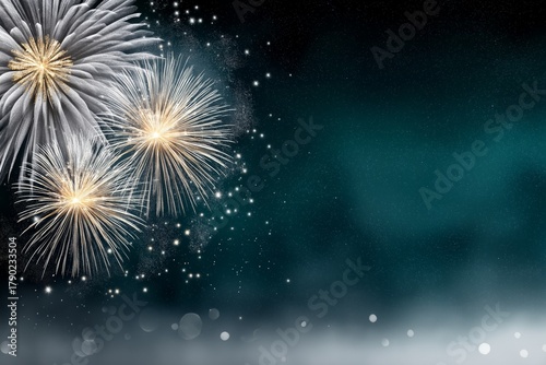 Dark blue night sky background featuring golden fireworks bursting in celebration, creating a festive atmosphere perfect for New Year celebrations and holiday events with copy space