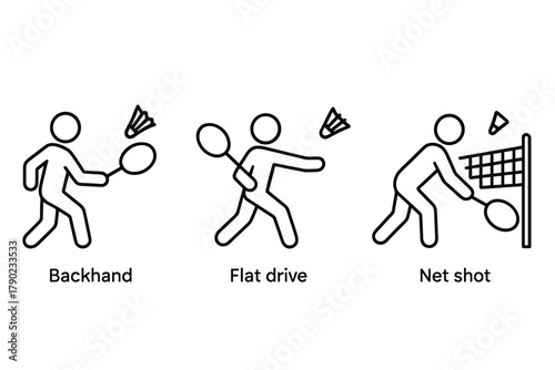 Outline icons of badminton techniques: backhand, flat drive, net shot for training guides
