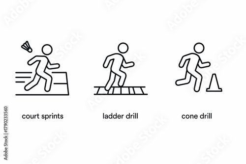 Minimalist sports training icons: sprints, ladder, and cone drills
