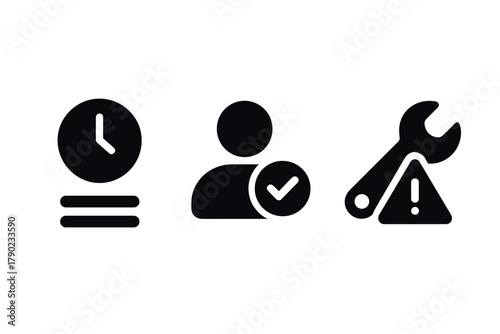 Minimalist black icons: time management, user approval, tool maintenance
