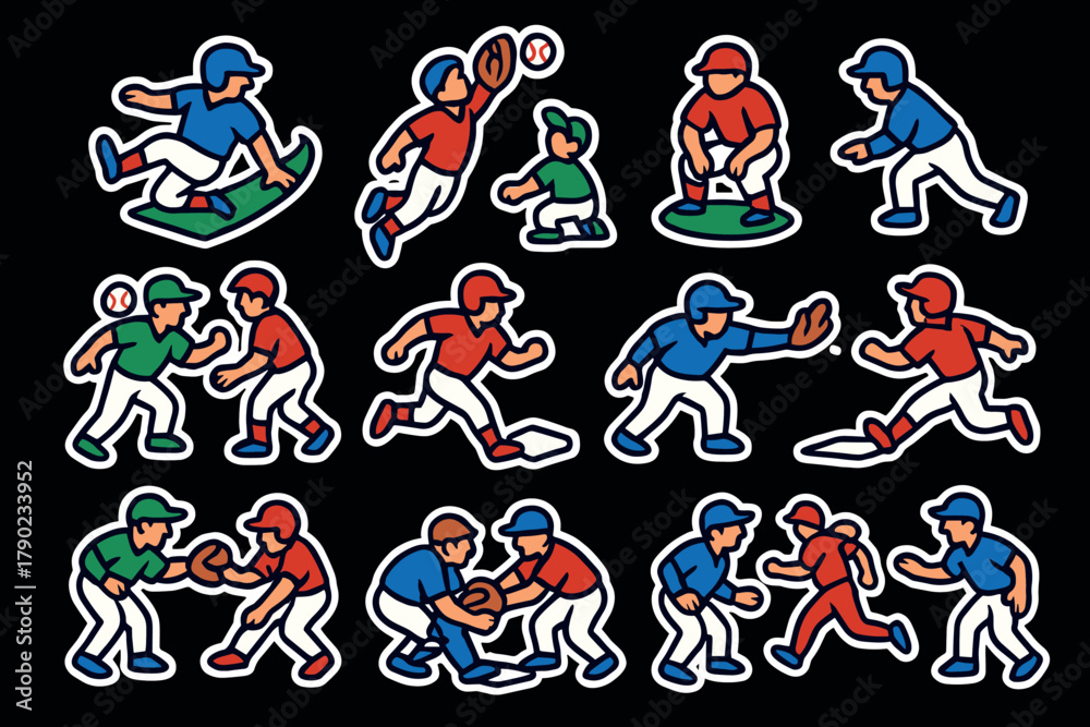 Fototapeta premium Colorful cartoon baseball players in dynamic action poses