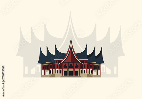 Minangkabau House Illustration with Horn-Shaped Roofs and Red Accents