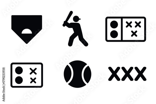 Minimalist baseball icons set: player, field, strategy, ball, and scoreboard symbols