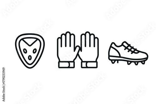 Soccer equipment outline: shin guard, goalkeeper gloves, cleats