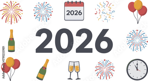 New Year 2026 Celebration Vector Icons Set