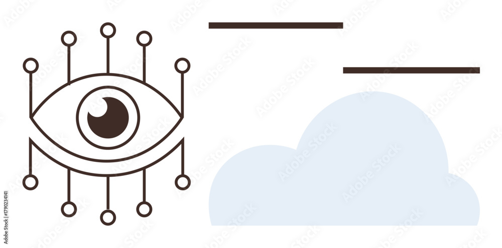 Fototapeta premium Eye surrounded by circuits connected to a cloud icon, representing vision, technology, and digital systems. Ideal for innovation, AI, cloud computing, cybersecurity, data visualization future tech