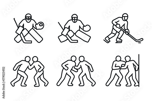 Hockey player and goalie icons in minimalist linear style for sports design