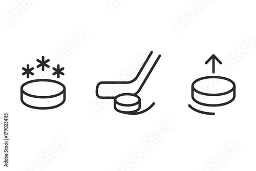 Minimalist icons of hockey equipment and actions in simple line art