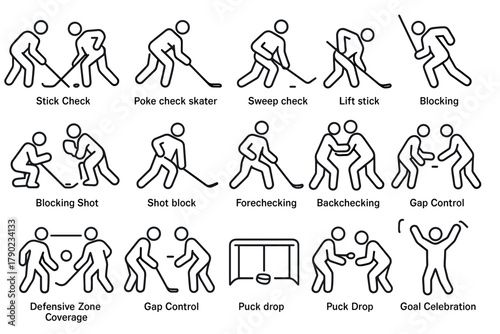 Hockey techniques and actions icons set: stick check, poke check, shot block, goal celebration