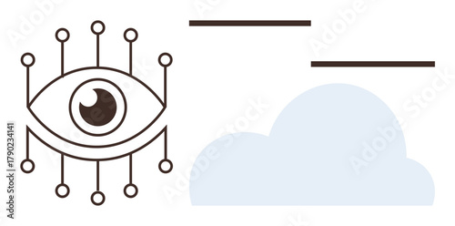 Eye surrounded by circuits connected to a cloud icon, representing vision, technology, and digital systems. Ideal for innovation, AI, cloud computing, cybersecurity, data visualization future tech