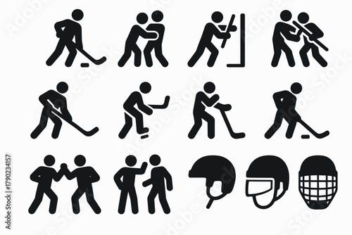 Hockey icons set: silhouette sports figures and equipment