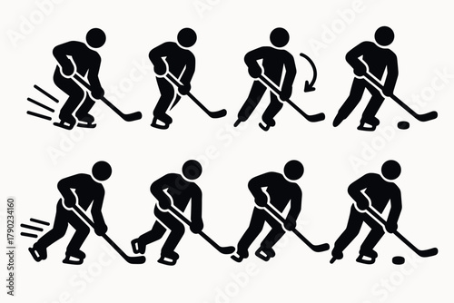 Hockey player silhouette icons demonstrating various techniques and movements in sport