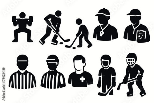 Silhouette icons of hockey players, coaches, and referees in sport activities