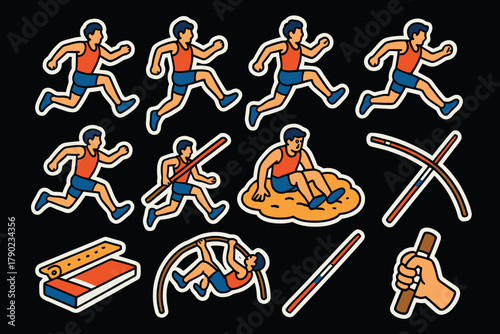 Retro sports stickers: pole vault sequence and energetic athletes