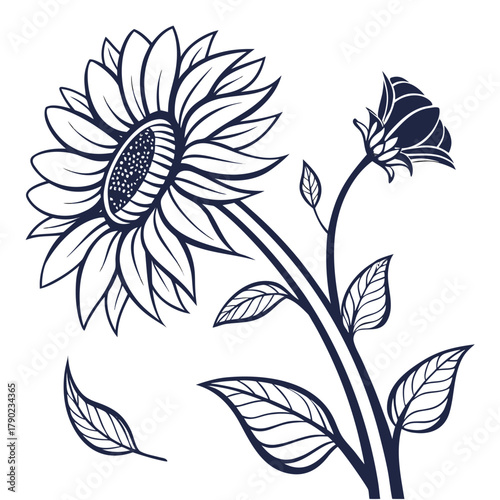 Stylized Sunflower Line Art with Bud and Leaves