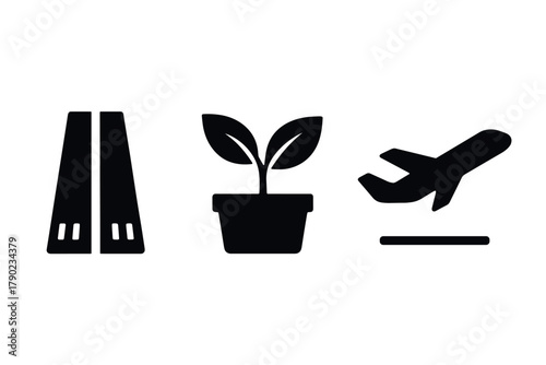 Minimalistic icons of books, plant, and airplane in bold silhouette style