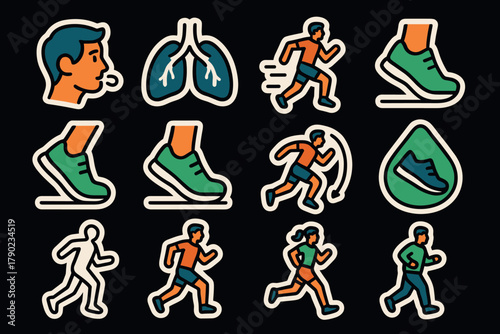 Colorful fitness icons set: running and exercise visuals on black background