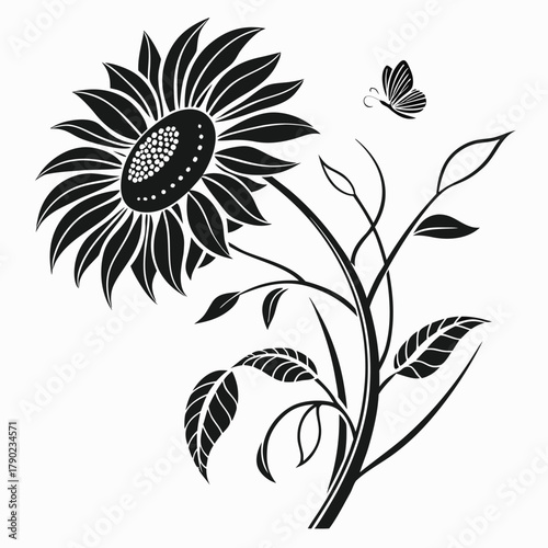 Sunflower and Butterfly Line Art with Leaves