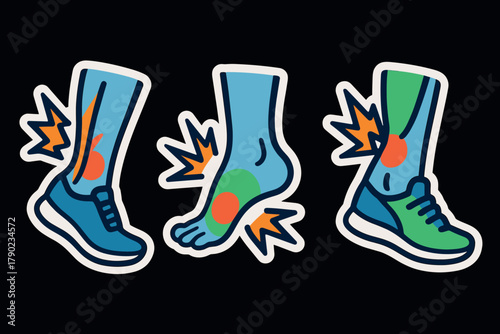 Vibrant pain indicators illustrating human ankle and foot pain in cartoon style
