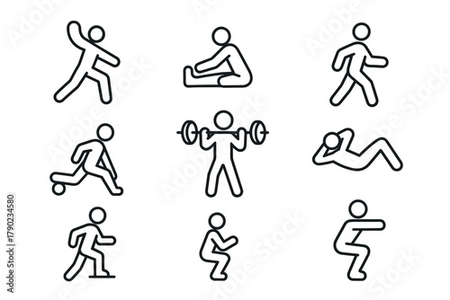 Simple line art of fitness exercises featuring diverse workout poses