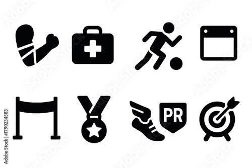 Silhouette icons of fitness, first aid, sports, and goals