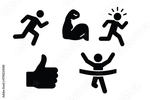 Dynamic athlete icons set: fitness, motion, and success symbols in bold silhouette style