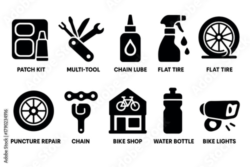 Essential bicycle repair and maintenance icons set in silhouette style