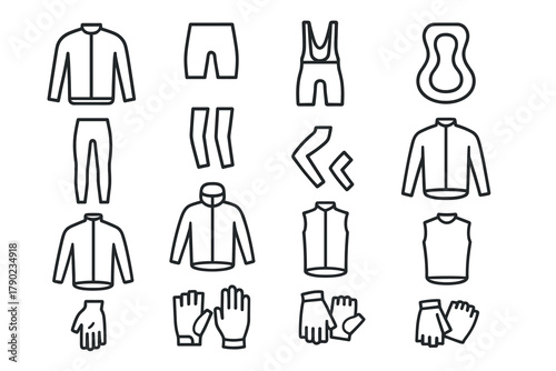Cycling apparel icons: linear design featuring shorts, jackets, gloves, and more