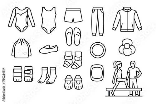 Gymnastics apparel and equipment set in linear style for training and performance