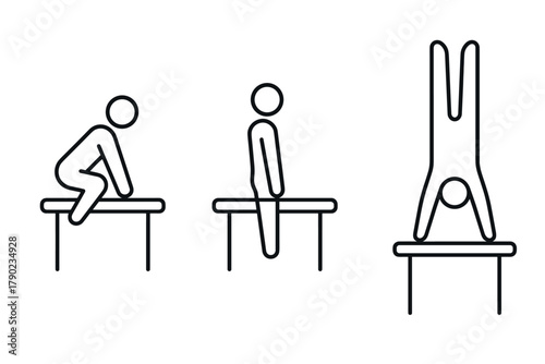Outline figures performing gymnastic moves on parallel bars in sequence