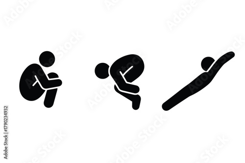 Silhouette icons of diving poses in minimalist design