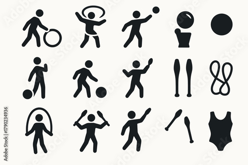 Gymnastics icons set: silhouette figures with equipment and movements