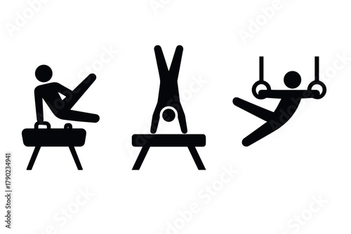 Stylized gymnast silhouettes depicting rings, pommel horse and vault
