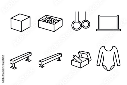 Gymnastics equipment icons: rings, beam, leotard in outline style