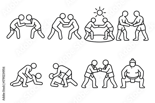 Wrestling moves collection: linear outline icons of diverse grappling styles