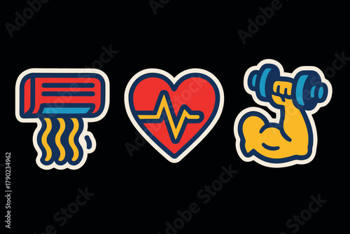 Fitness and health symbols: air conditioning, heartbeat, muscle strength icons