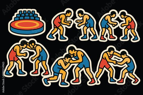Retro wrestling icons on black background with colorful outlined figures