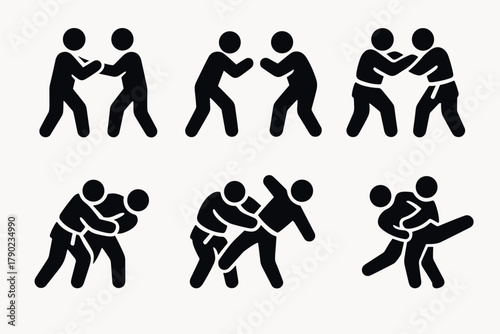 Martial arts silhouette: diverse self-defense techniques in action