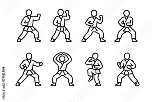 Line art martial arts poses: karate figures in action