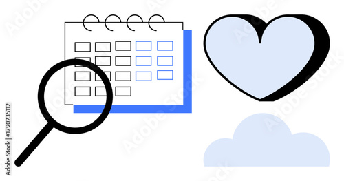 Magnifying glass searches calendar, heart symbolizes care or balance, cloud hints tech or inspiration. Ideal for scheduling, self-care, organization, technology, productivity, mindfulness simple