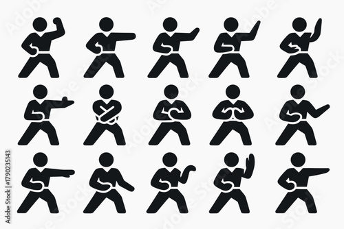 Martial arts silhouette icons: diverse poses for self-defense and fitness