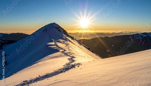 Snowy Mountain Peak at Sunrise - A Majestic Winter Landscape.
