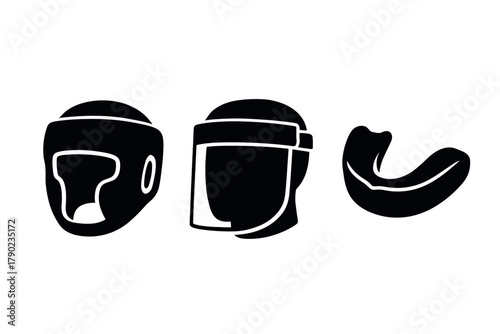 Silhouette icons of safety gear: helmet, face shield, mouth guard