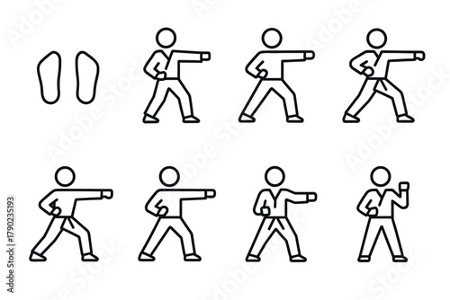 Karate sequence in minimalist linear style with footprint guide for beginners