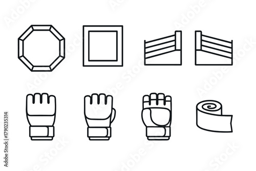 Minimalist combat sports icons featuring gloves, rings, and wraps