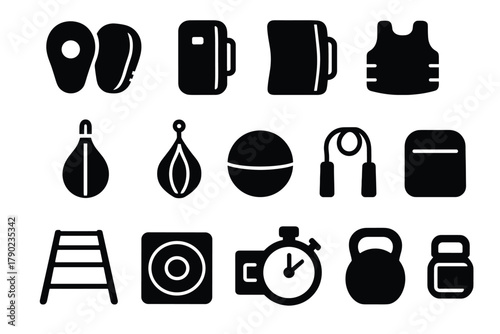 Minimalist gym equipment icons set: kettlebell, punching bag, stopwatch, and more in silhouette style