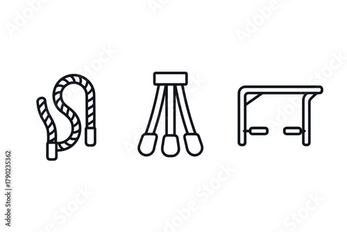 Minimalist gym equipment icons: jump rope, nunchaku, parallel bars in linear design