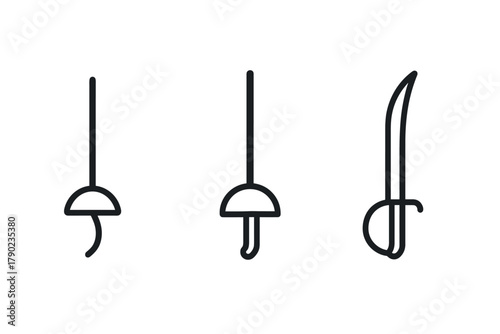 Minimalist line art of three fencing swords: foil, épée, sabre