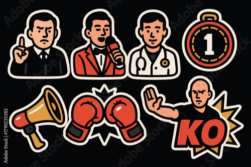 Bold cartoon icons of boxing and sports themes with referees and announcers