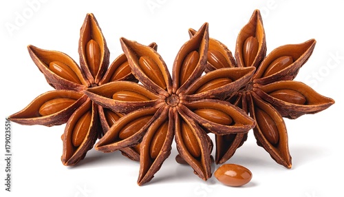Close-up of star anise spice pods, revealing seeds, textures, and star shapes against a clean white background